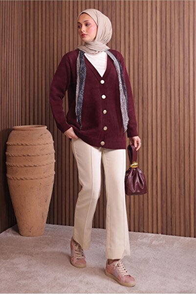 TRENDTESETTÜR Women's Burgundy Beard Yarn Cardigan t 2907