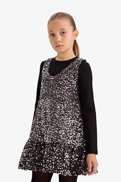 DeFacto Girls' 2-Piece Set Long Sleeve T-Shirt Sequined Sleeveless Dress G5388A825Wn