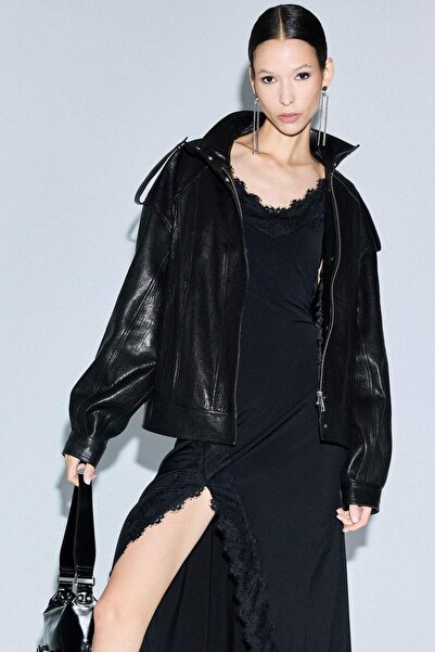 DeFacto 100% Leather Oversized Wide Fit Mock Neck Zipper Coats G5515Ax25Au