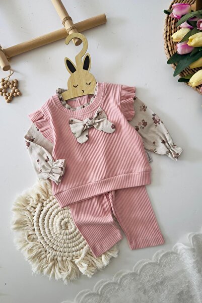 Minigimin Cicileri My Little Girl's Cicileri 3-Piece Girl's Set with Bow Detail and Floral Pattern Blouse - Pink