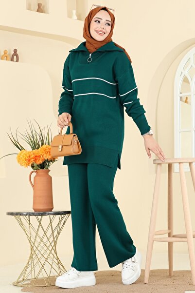 ModaMerve Çizgi Detaylı Triko Takım 01050BRZ597-MS Petrol