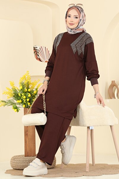 ModaMerve Taş Detaylı İkili Takım 3464UZ662-MS Kahve