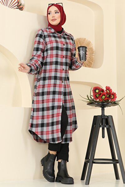 ModaMerve Kare Desenli Ekose Tunik 3068KTR750-MS Kırmızı&Gri