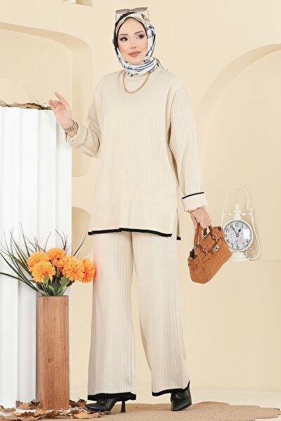 ModaMerve Manşeti Katlı Triko Takım 8071KLB1050-MS Taş