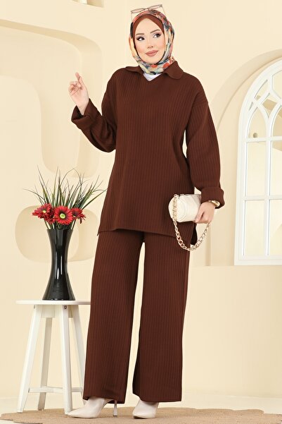 ModaMerve Gömlek Yaka Triko Takım 8080KLB1050-MS Kahve