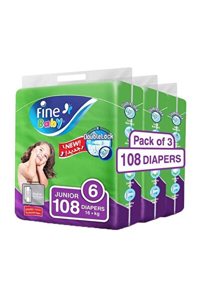 Fine Baby حفاضات بتقنية القفل المزدوج، مقاس 6 (صغير، 16+ كجم) - عبوة جامبو 108