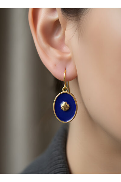 TURBİJ Navy blue oval shell motif gold-tone women's earrings
