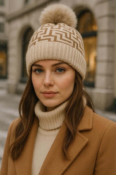 REMSA Women's Pompom Detail Fleece Patterned Beanie Rkş-1144 Beige