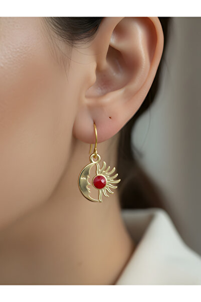 TURBİJ أقراط نسائية على شكل القمر والشمس مع الحجر الأحمر