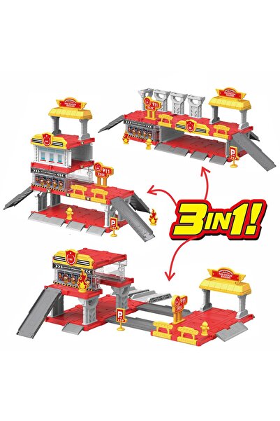 Chanak Fire Department 3-In-1 Parking Building Playset For Kids Multi Level Fire Station With Sliding Ramp