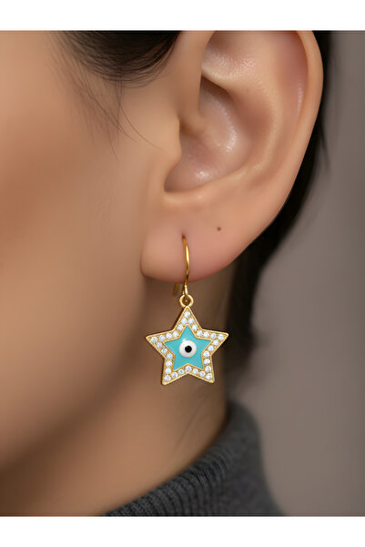 TURBİJ أقراط نسائية بإطار من حجر العين الشريرة على شكل نجمة فيروزية اللون ذهب...