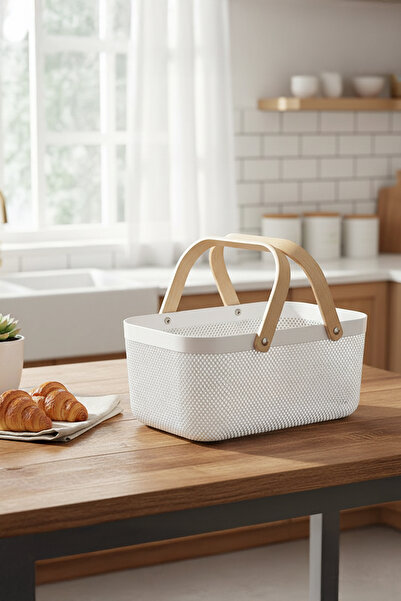 Vadi White Wooden Handle Rectangular Metal Wire Basket Organizer Modern Decorative Presentation & Fruit Bowl