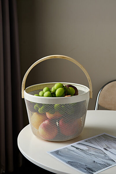 Vadi White Wooden Handle Round Metal Wire Basket Organizer Modern Decorative Presentation & Fruit Bowl