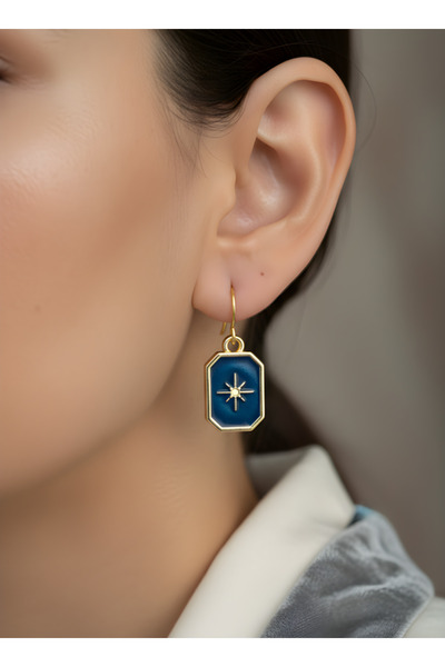 TURBİJ Blue Octagonal Star Motif Women's Earrings