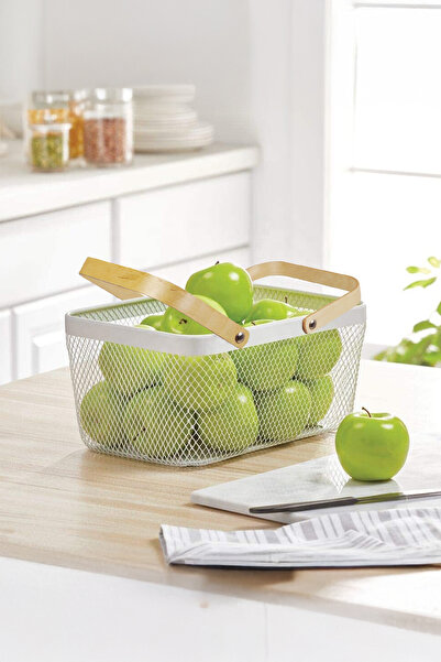 Vadi White Wooden Handle Rectangular Metal Wire Basket Organizer Modern Decorative Presentation & Fruit Bowl