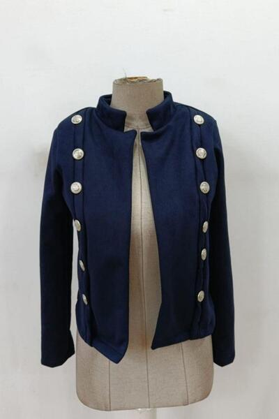 Mossta Hakim Collar Buttoned Short Suede Jacket - Navy Blue