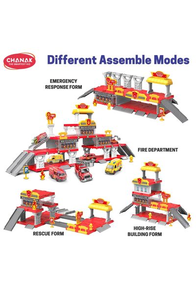 Chanak Fire Department 4 In 1 Parking Building Playset For Kids Multi Level Fire Station With Sliding Ramps