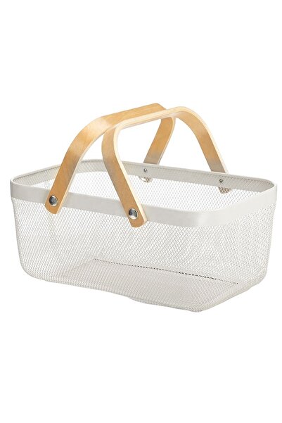 Vadi White Wooden Handle Rectangular Metal Wire Basket Organizer Modern Decorative Presentation & Fruit Bowl