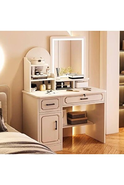 NKX طاولة مكياج متعددة الوظائف مع مرآة LED وكرسي 80 سم