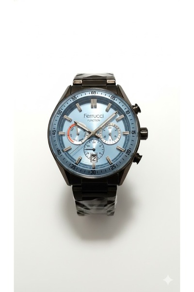 Ferrucci ساعة يد رجالية باللون الأسود، ومينا باللون الأزرق الجليدي - سوار معد...