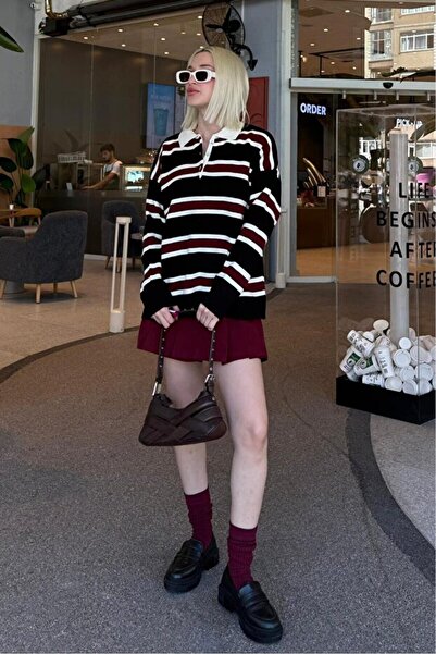 GALAVİP Women's Buttoned Polo Neck Striped Oversized Knitwear Sweater