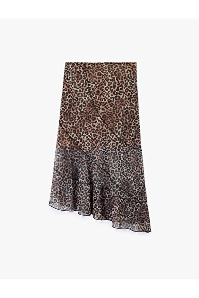Koton Asymmetrical Cut Layered Leopard Print Midi Skirt
