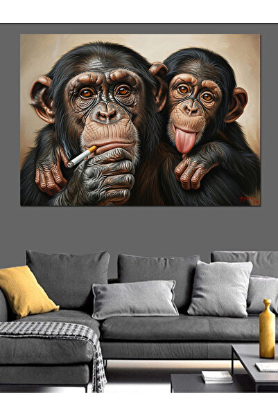 KanvasSepeti Maimuță fumătoare Pictură în ulei de înaltă calitate d texturat ...