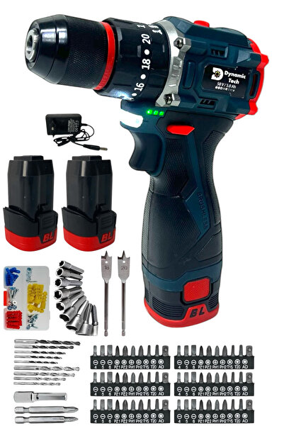 DynamicTech Kömürsüz Darbeli Şarjlı Matkap Lion Armut Batarya Metal Şanzıman Çift Akülü Vidalama Full Setli