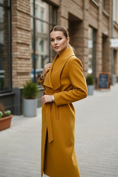 Pitti Women's Mustard Shawl Collar Cashmere Lined Belted Coat 70575