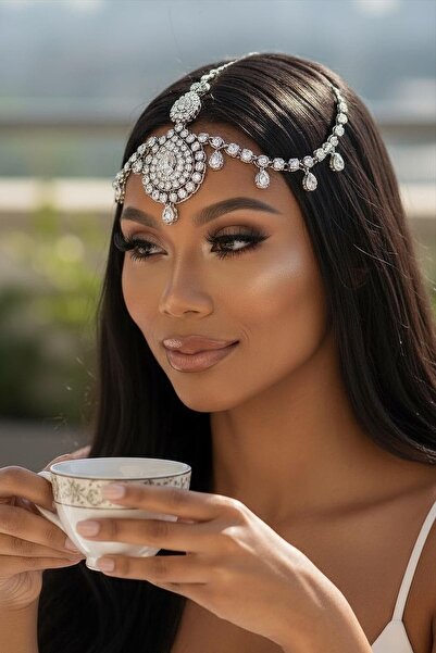 TAKIŞTIR Gümüş Renk Taş Detaylı Alınlık/Kına Aksesuarı
