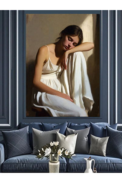 Artmeg Üzgün Saten Gecelikli Kadın Minimalist Dekoratif Kanvas - Mdf Ahşap Tablo