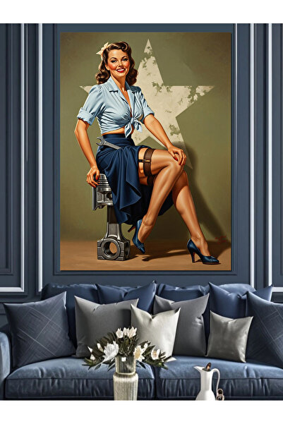 KanvasSepeti Pin-Up cu fusta din denim Pictură în ulei de înaltă calitate tex...