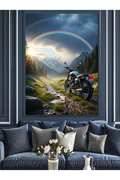 Artmeg Pânză decorativă Motocicletă în Munte sub Curcubeu - Masă din lemn MDF