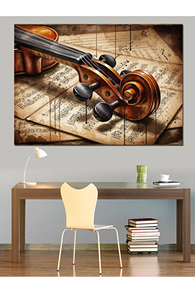Artmeg Vizualizări decorative cu vioară și note muzicale - Tablou din lemn MDF