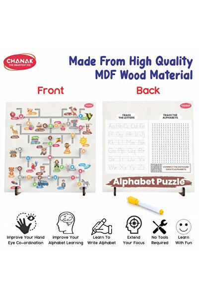 Chanak 3-in-1 Wooden Alphabet Learning Board for Kids | Tracing, Dot-to-Dot & Maze Puzzle
