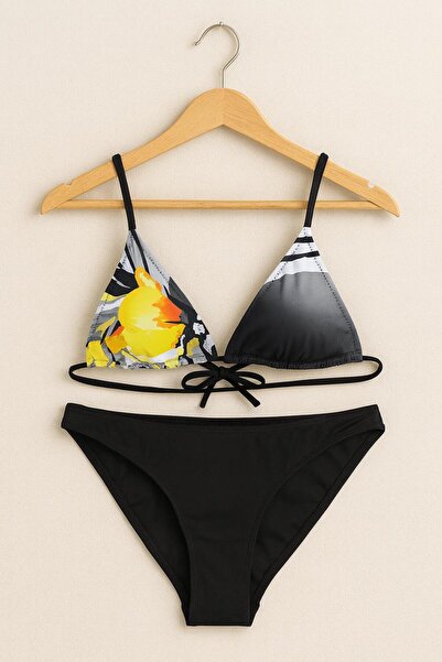 RAPAPA Women's Patterned Triangle Bikini Set – Black Bottom |   Adjustable Tie down 1001-52