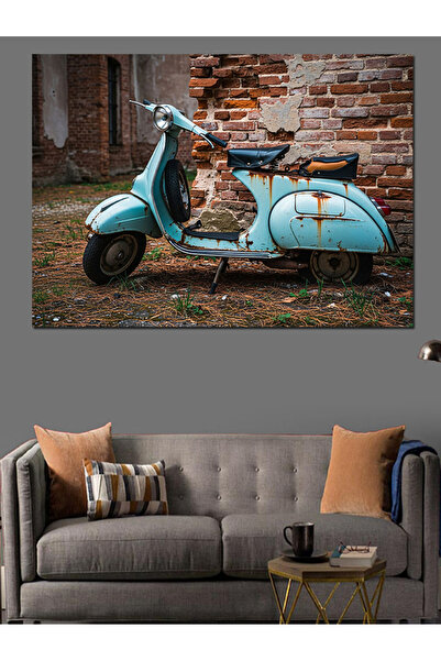 KanvasSepeti Blue Retro Scooter Pictură în ulei de înaltă calitate texturat C...