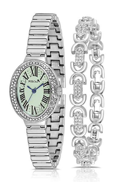 Polo Air Oval Case Women Wristwatch Oval Bracelet Combination Silver Green Co...