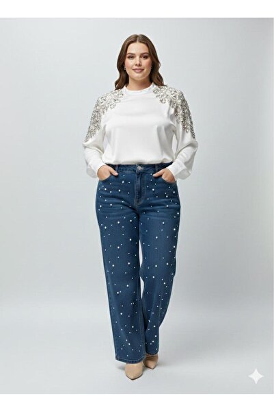 nd jeans Premium Plus Size Jeans Wide Leg High Waist Pearl Stone Detailed Denim Pants