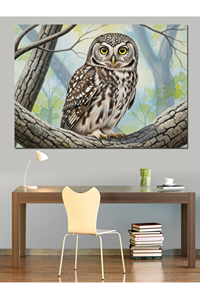 KanvasSepeti Bufniță pe o ramură Pictură în ulei de înaltă calitate texturat ...