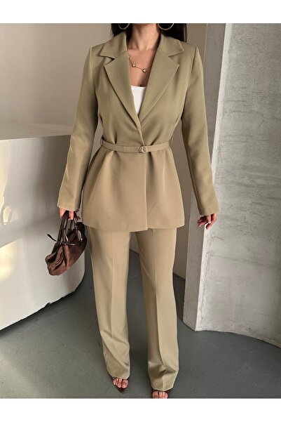 Moda İkra Blazer Jacket Wide-Leg Pants Suit and Tied at the Waist with a Thin Belt in the Color,