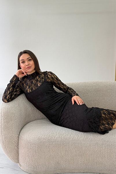 zks grup tekstil Black Lined D Mock Neck Midi Length Lace Dress