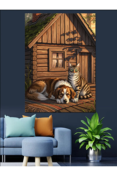 KanvasSepeti Pictură în ulei de înaltă calitate în fața cabanei texturat Canv...