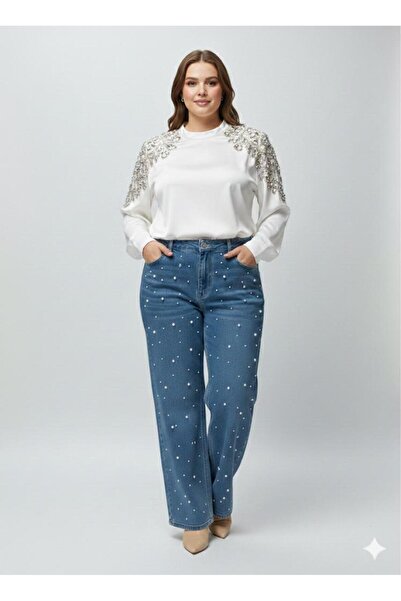 nd jeans Premium Plus Size Jeans Wide Leg High Waist Pearl Stone Detailed Denim Pants