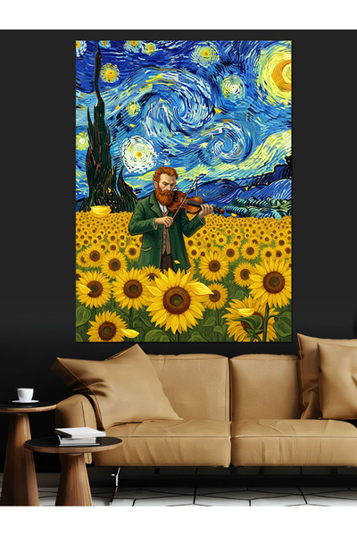 Artmeg Van Gogh Ayçiçeği Yıldızlı Gece Dekoratif Kanvas - Mdf Ahşap Tablo