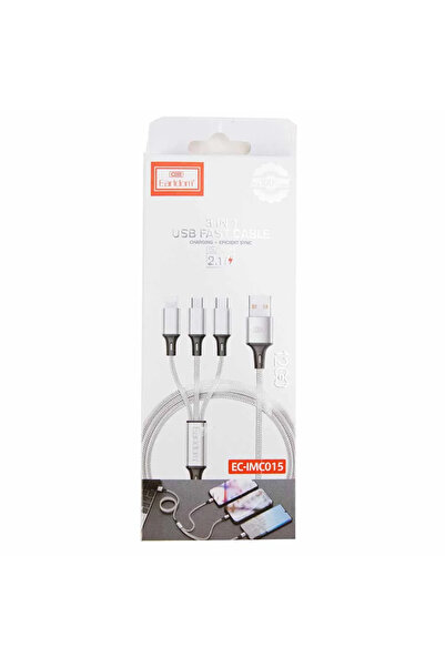 Earldom 3 In 1 USB Fast Cable Charger with 2-amp Output, Length 1200mm- White