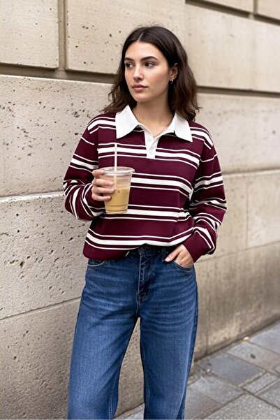 GALAVİP Women's Buttoned Polo Neck Striped Oversized Knitwear Sweater