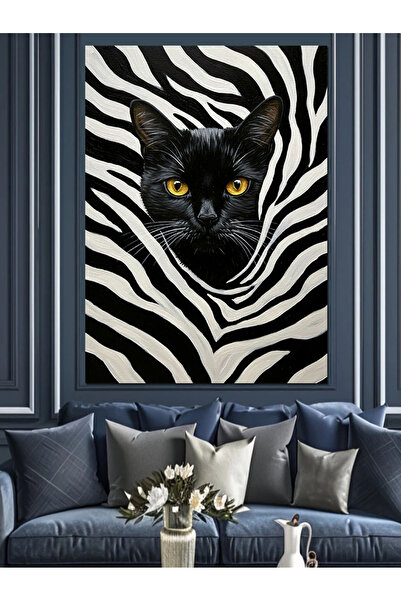 Tablo Mega Zebra Deseni Üzerinde Kedi Dekoratif Kanvas - Mdf Ahşap Tablo