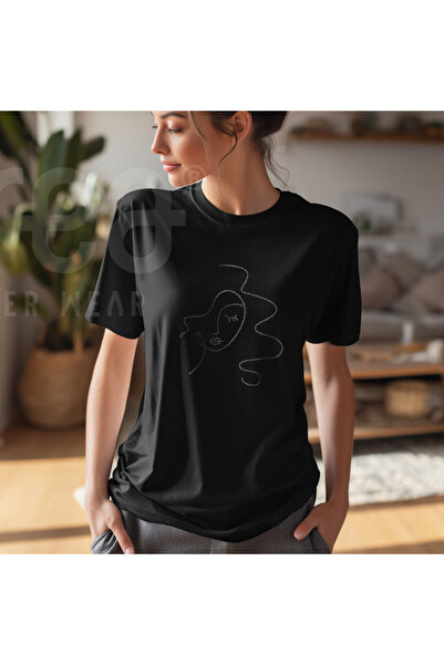 Crea Eymer Wear Geometric Face Crystal Stone Printed Cotton Crew Neck T-Shirt Black