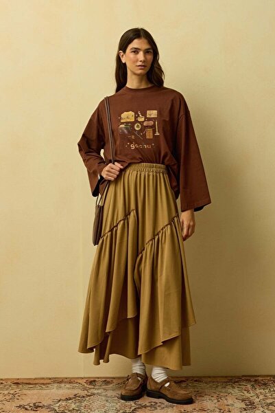 Ceylan Otantik Acı Kahve Glochu Printed Basic Body & Caramel Polyviscon Bohemian Floor Skirt Set